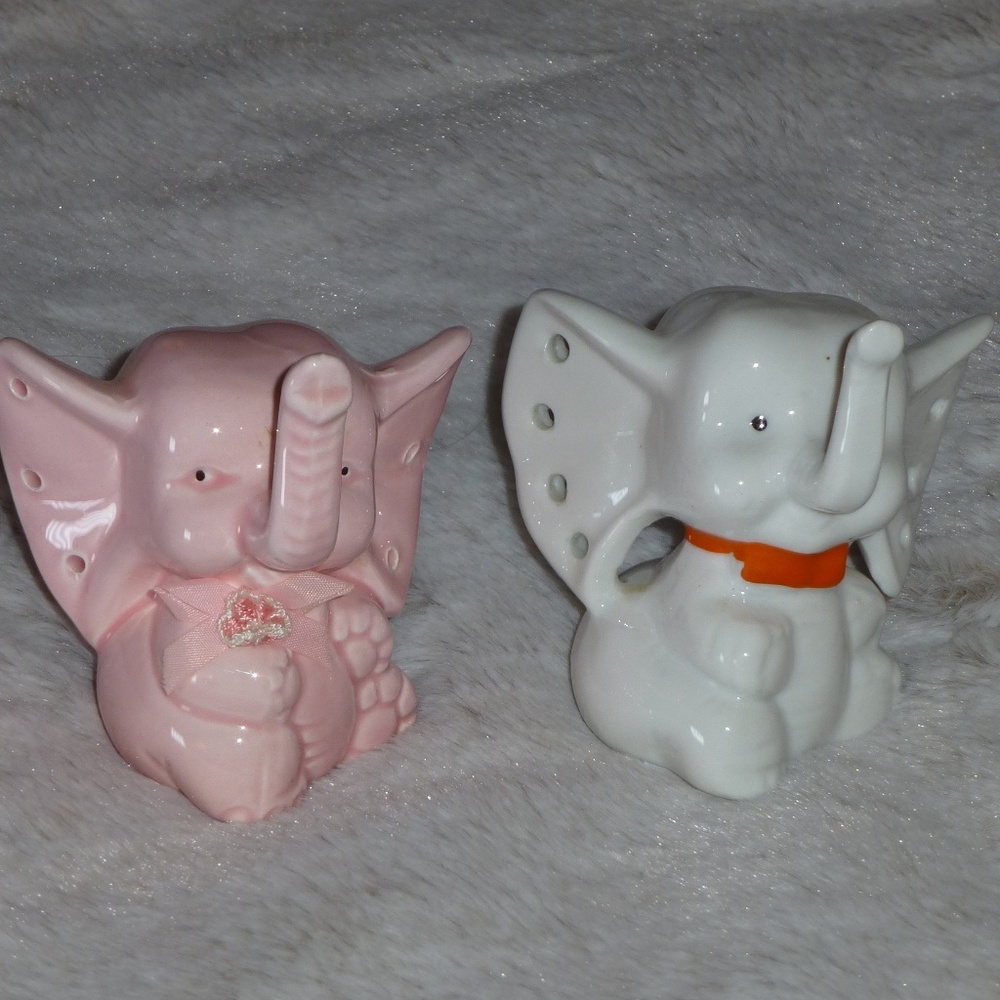 2 Ceramic Elephant Jewelry Holders, Pink Gray